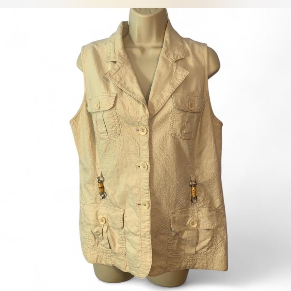 New York & company size large cream linen safari Sleeveless Jacket vest bamboo